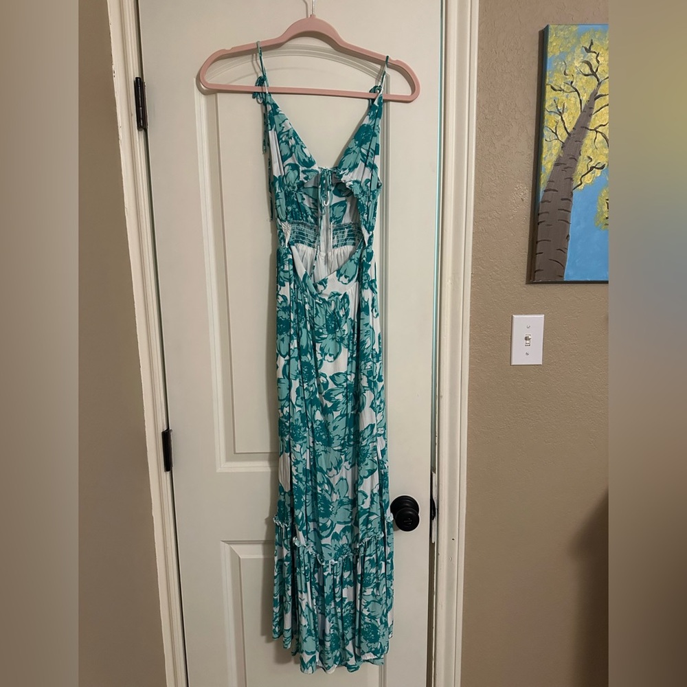 Teal Floral Maxi Dress with Tie-Back
